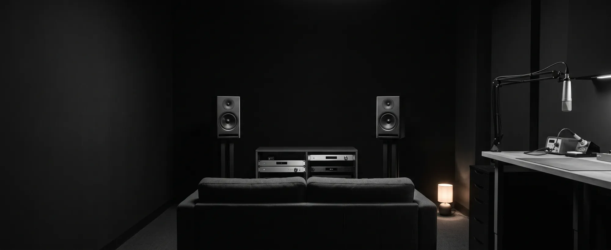 Loop Audio Works audio design studio in Peelamedu, Coimbatore Loop Audio Works audio design studio in Peelamedu, Coimbatore. The studio at night: listening sofa, equipment rack and workbench.