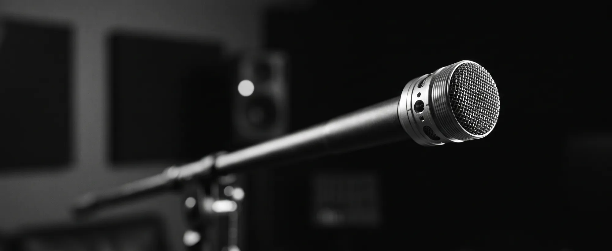 Book an audio consultation with Loop Audio Works, Coimbatore. Macro of a calibrated measurement microphone capsule on a boom stand.
