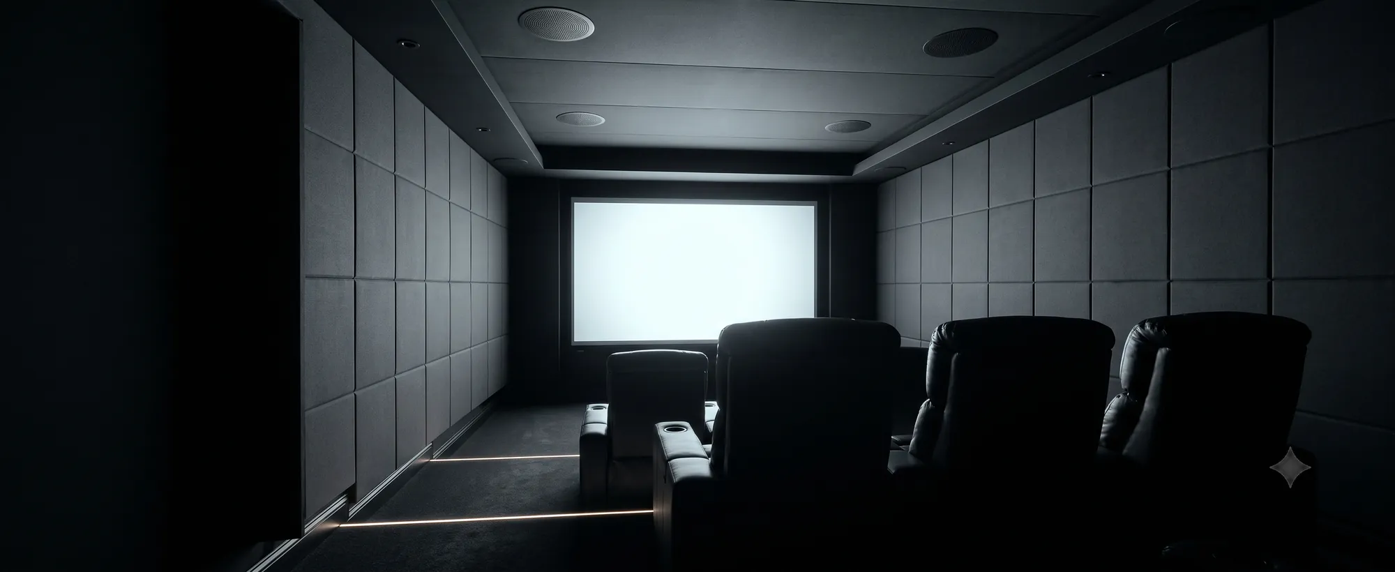 Home theatre and Dolby Atmos installation across South India. A private home cinema seen from the rear, seats in silhouette and the screen lit.