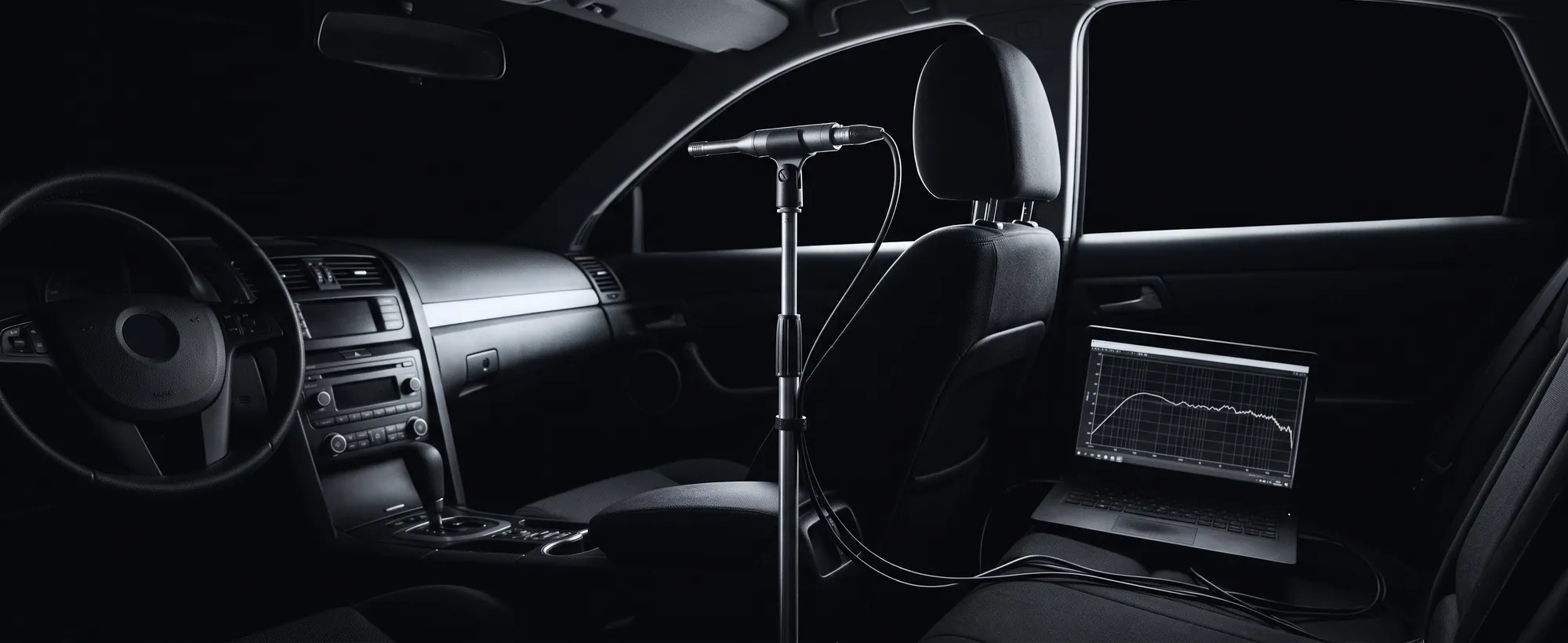 DSP tuning measurement setup inside a car cabin, Coimbatore. A measurement microphone at the headrest inside a dark car cabin.