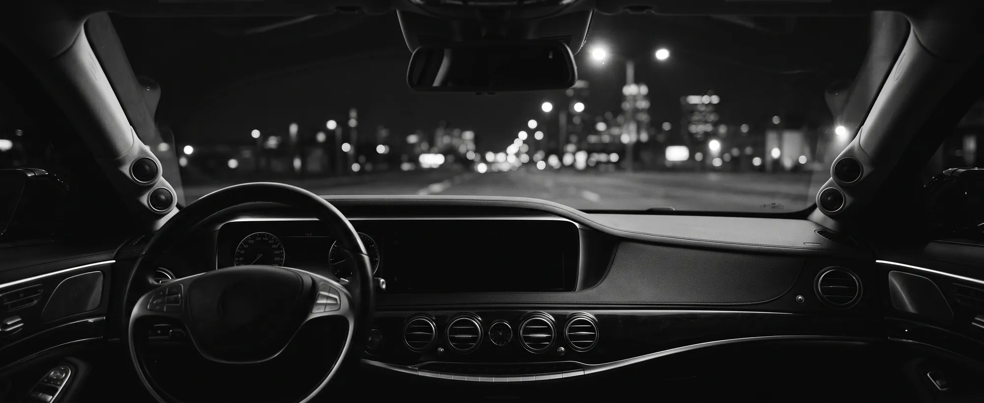 Car audio soundstage from the driver seat after DSP calibration. The view from the driver seat at night across the dashboard.