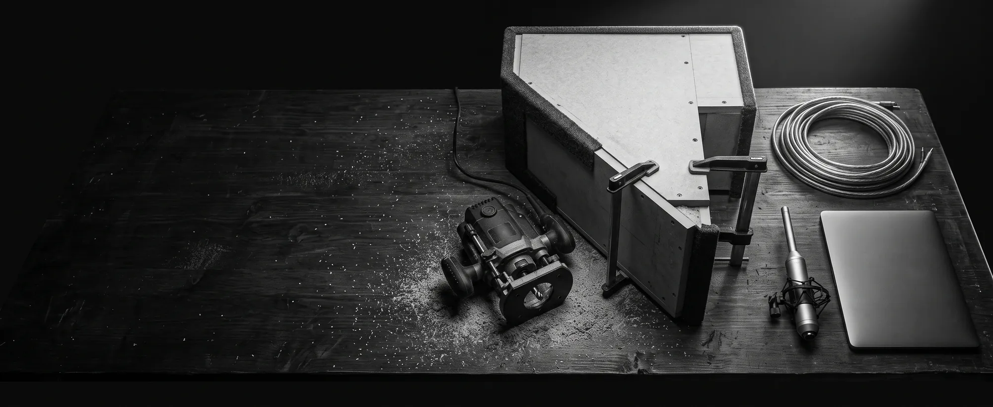 Car audio, home cinema and commercial audio projects by Loop Audio Works Car audio, home cinema and commercial audio projects by Loop Audio Works. A workshop bench with a part-finished subwoofer enclosure and measurement tools.