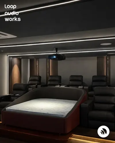 Private cinema — frame 1 of the home theatre installation by Loop Audio Works, South India.